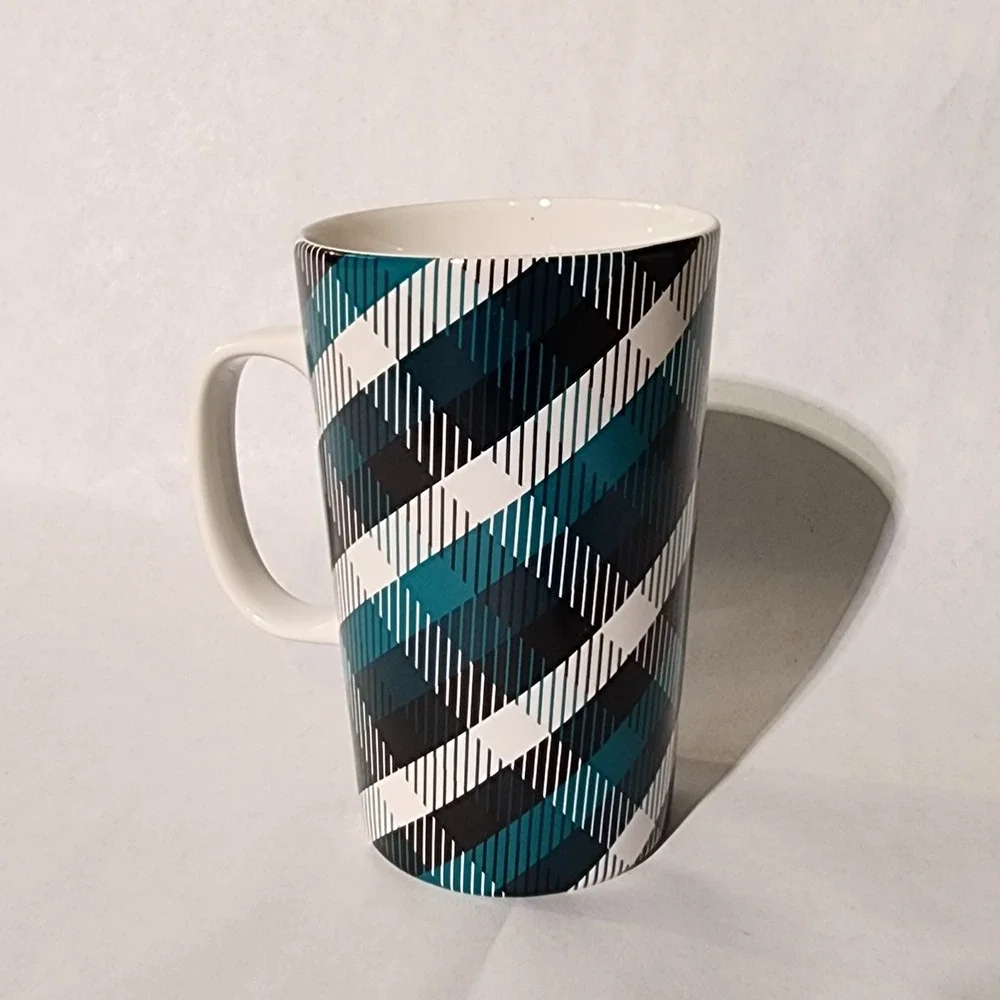 2015 Starbucks Coffee Mug 16 Oz Cup Teal Blue Green Black Plaid - Picture 2 of 4